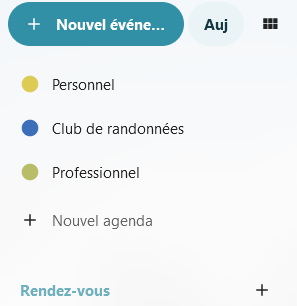 Capture d'écran de la partie gauche de la page agenda, où l'on voit l'intitulé 3Rendez-vous" à droite duquel se trouve un "+".