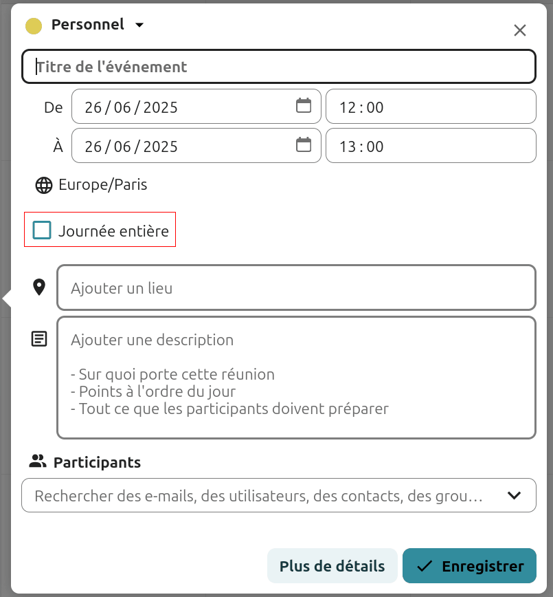 Capture d'écran de la fenêtre ajouter un évènement, avec un cadre rouge autour de l'intitulé "Journée entière", et de sa case à cocher ou décocher.