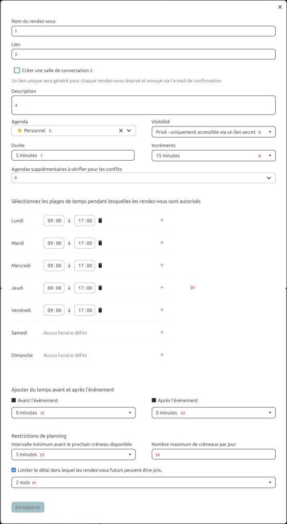 Capture d'écran des champs à remplir pour créer un RDV.
