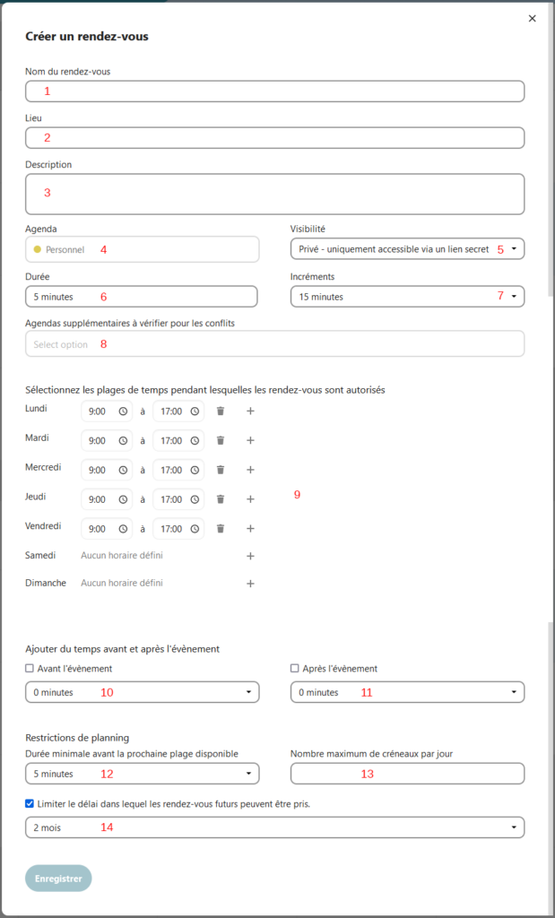 Capture d'écran des champs à remplir pour créer un RDV.