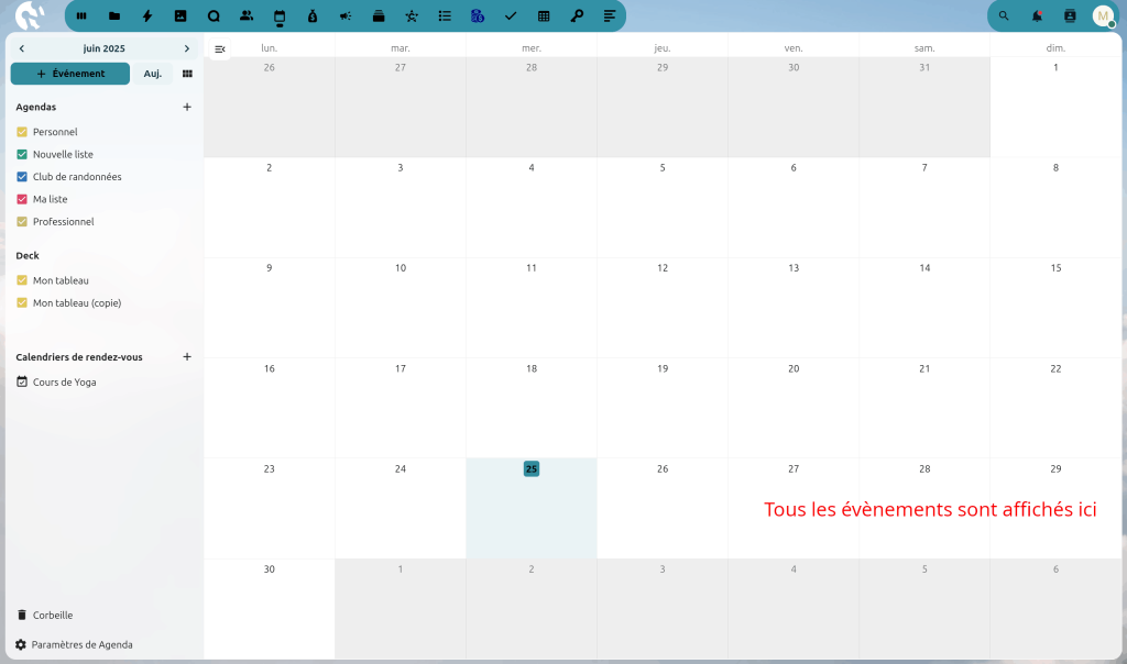 Capture d'écran de la page générale de l'application Agenda de Nextcloud, avec le texte indiquant "Tous les évènements sont affichés ici".