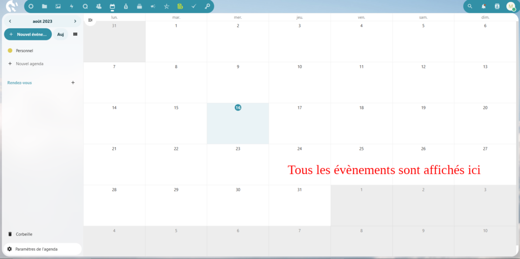 Capture d'écran de la page générale de l'application Agenda de Nextcloud, avec le texte indiquant "Tous les évènements sont affichés ici.