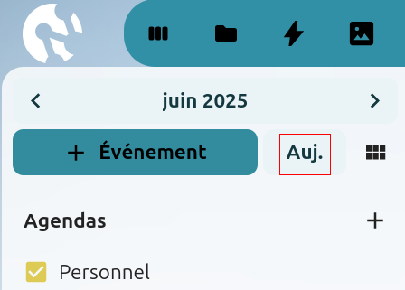 Capture d'écran du bouton "Auj" pour revenir à la journée en cours si on se trouve ailleurs dans l’agenda.