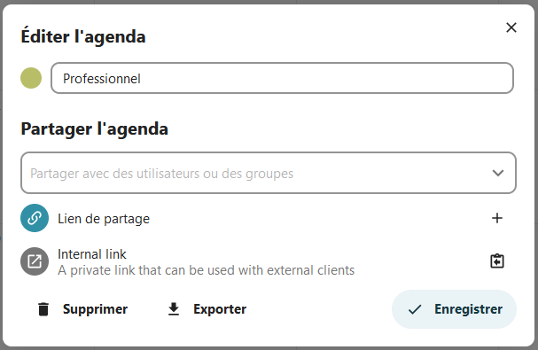 Capture d'écran de la fenêtre qui s'ouvre pour rechercher d'autres personnes avec qui partager l'agenda. Trois premières lettres sont tapées, et on voit les propositions qui sont faites en fonction de ces lettres.