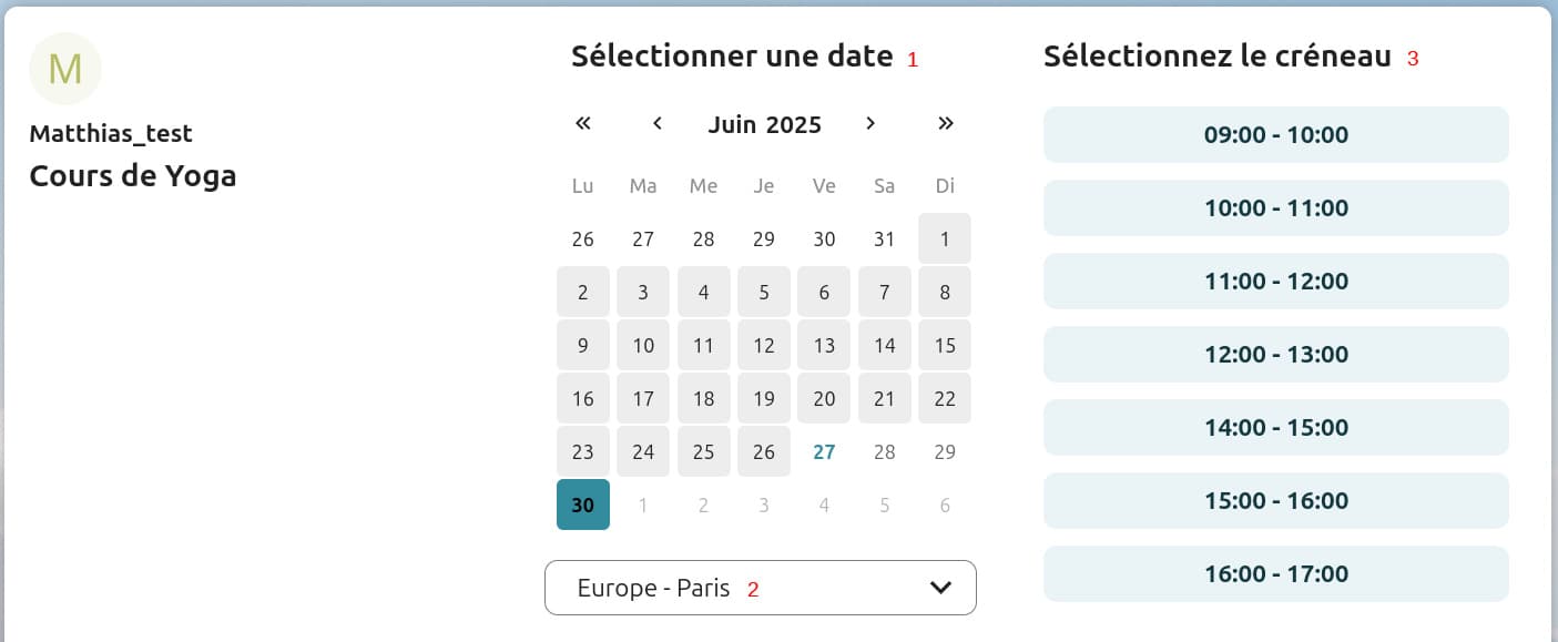 Capture d'écran de la fenêtre qui s'ouvre lorsqu'une personne souhaite prendre un rdv, avec le choix de la date, du lieu, et de l'heure.
