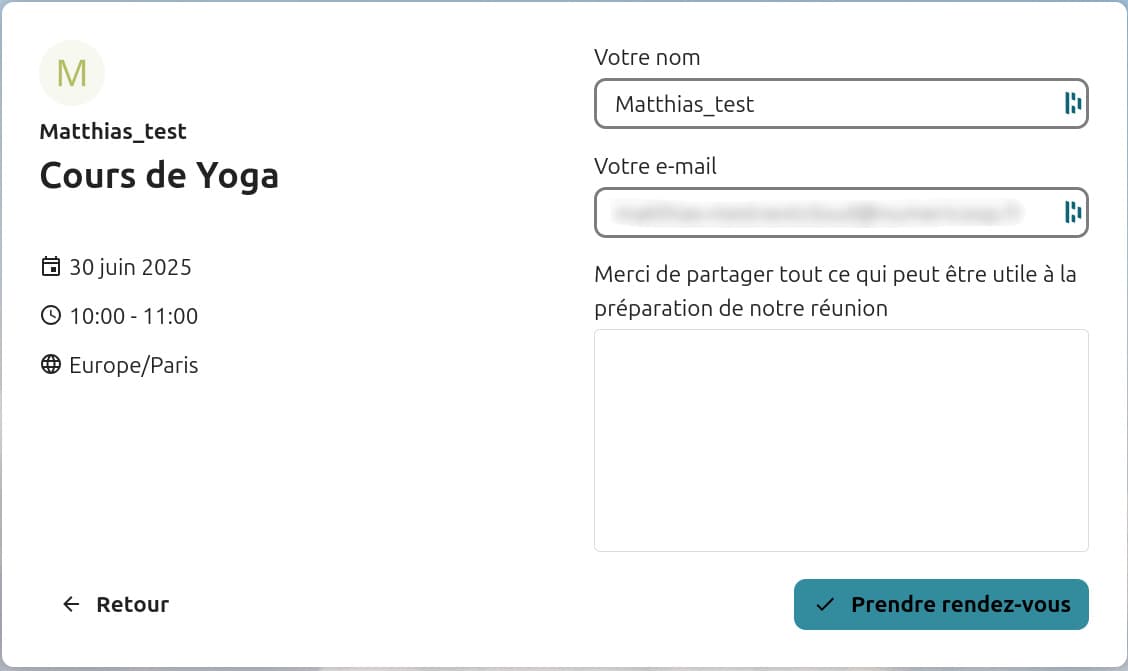 Capture d'écran du choix de rdv