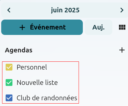 Capture d'écran de la liste des agendas.