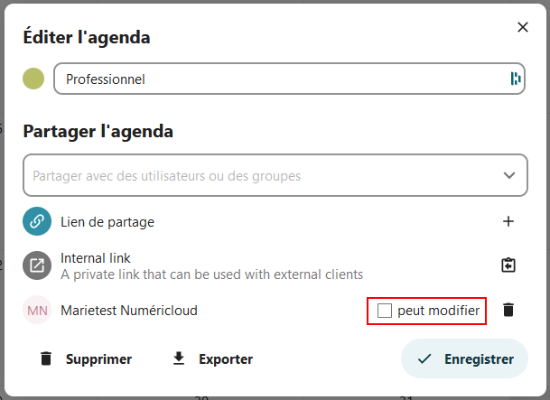 Capture d'écran de la case à cocher et de l'intitulé "peut modifier", à droite du nom de la personne avec qui partager l'agenda.