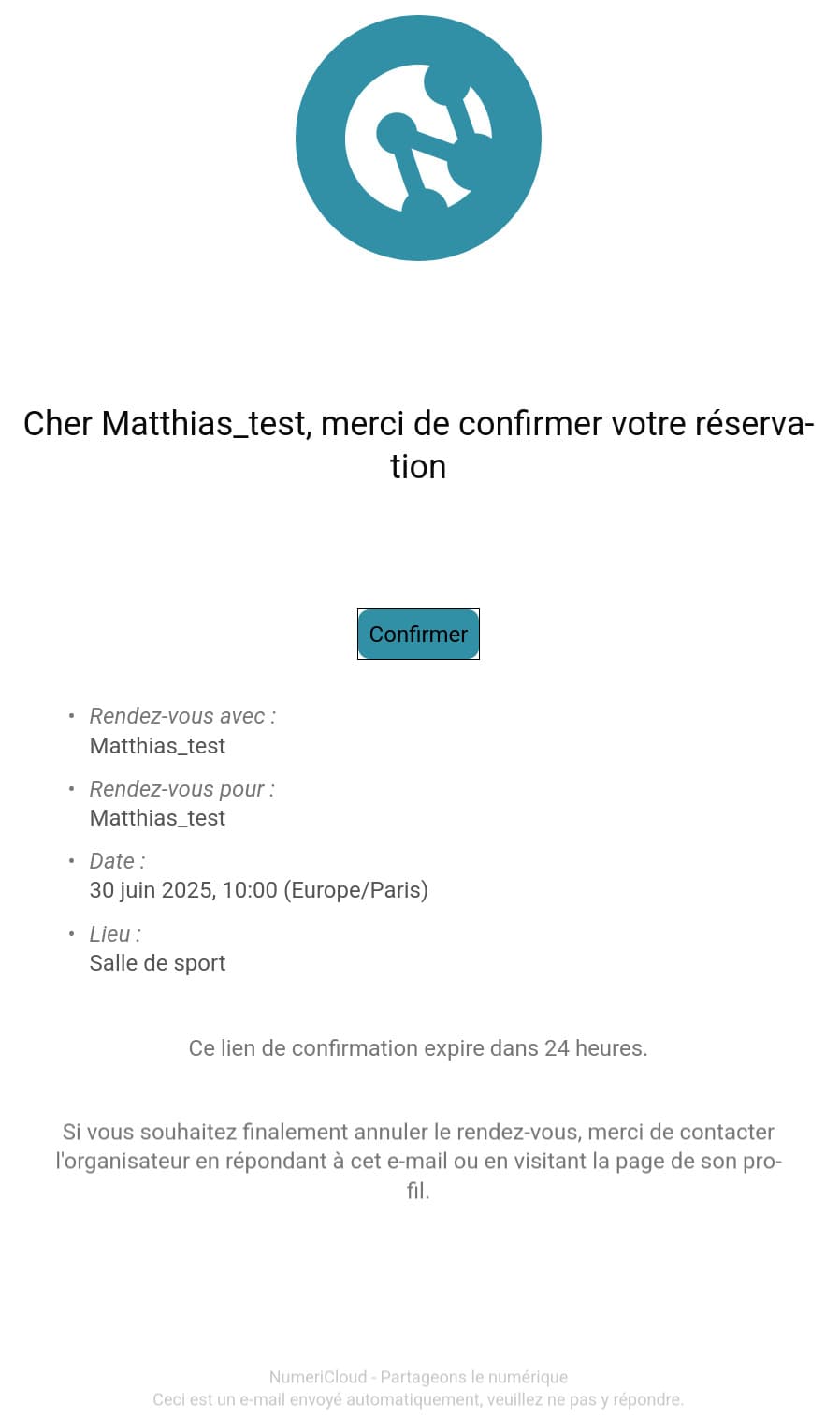 Capture d'écran du mail de confirmation qui s'affiche lorsque la personne vient de réserver le créneau.