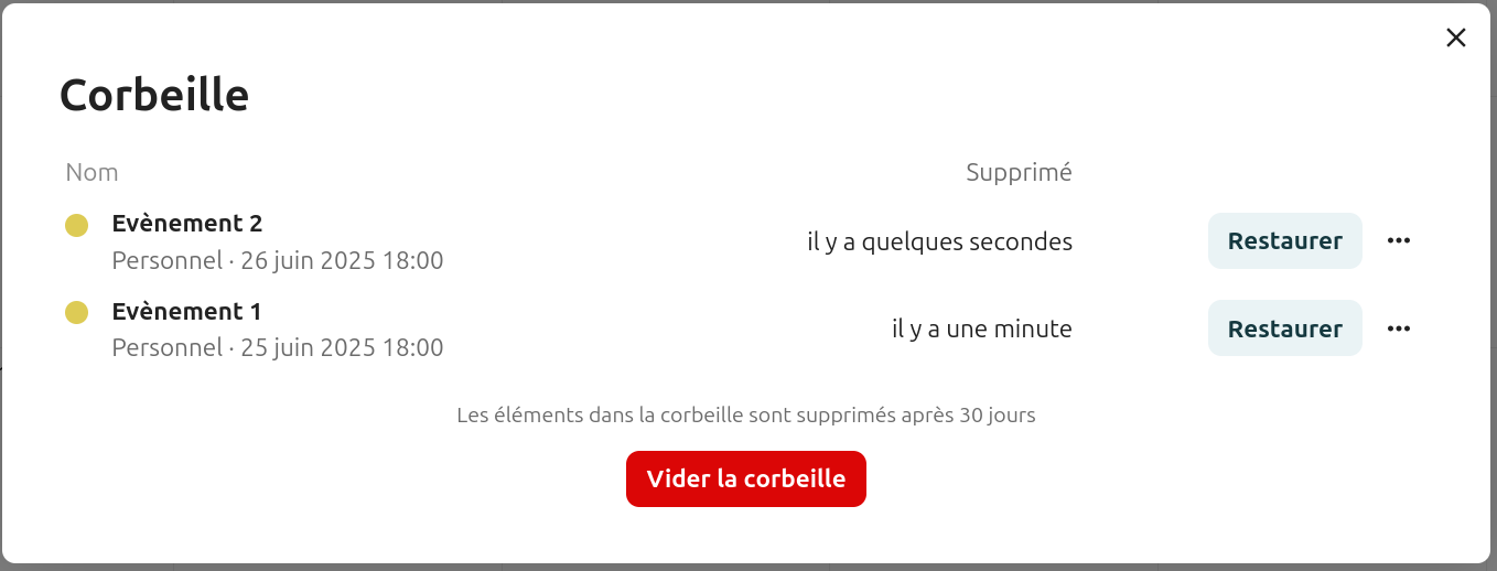 Capture d'écran de la fenêtre qui s'ouvre lorsqu'on clique sur l'icône de la corbeille. On y trouve tous les évènements supprimés, et le bouton pour les supprimer tous.