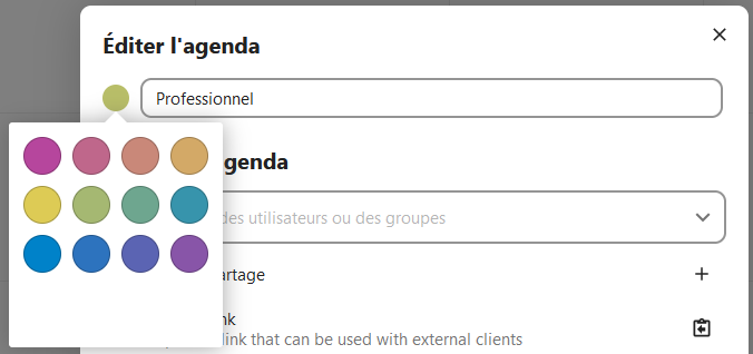 Capture d'écran de la fenêtre qui s'ouvre en cliquant sur le rond de couleur à gauche du nom de l'agenda, et qui fait apparaître différentes couleur que l'on peut mettre à la place de celles existantes.