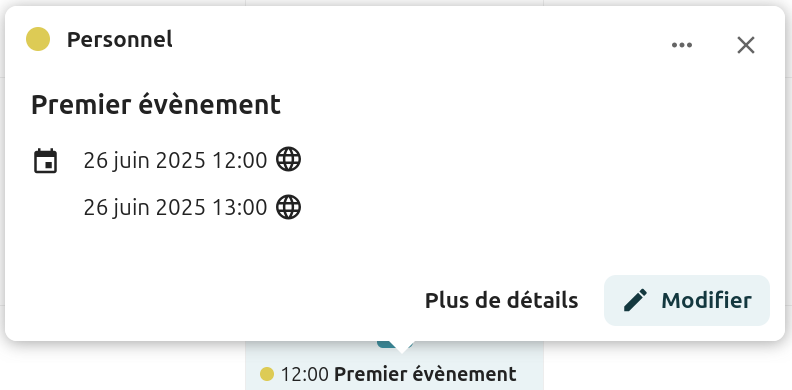 Capture d'écran de la fenêtre qui s'ouvre lorsqu'on clique sur un évènement On voit le détails de l'évènement, nom, dates, plus les boutons "Plus de détails" et "Modifier".
