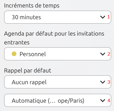 Capture d'écran de la suite des paramètres de l'agenda, où l'o voit les us en-dessous des autres les champs pour paramétrer l'incrément de temps, l'agenda par défaut pour les invitations entrantes, le rappel par défaut et la localisation.