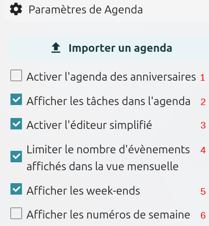 Capture d'écran des paramètres de l’agenda permettant d’afficher ou de masquer certaines informations.