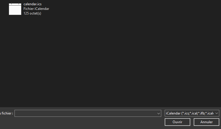 Capture d'écran d'une fenêtre d'un dossier d'ordinateur dans lequel on voit un fichier .ics