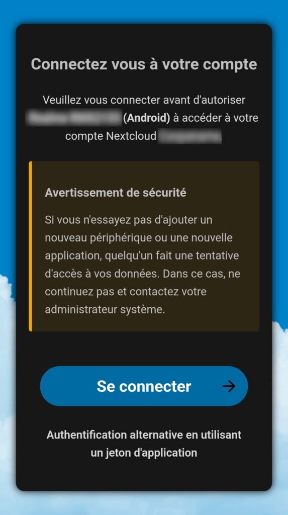Capture d'écran du smartphone, avec un texte qui indique "connectez-vous à votre compte", ainsi qu'un message d'avertissement pour demander si c'est bien vous qui faite la demande de connexion. Puis il y a un gros bouton bleu pour se connecter.