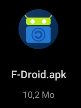 Capture d'écran du fichier F-Droid.apk. Le petit dessin qui le représente est le symbole de F-Droid, un petit robot avec une tête verte avec 2 antennes, et un corps bleu, au centre duquel il y a un "c" à l"envers.