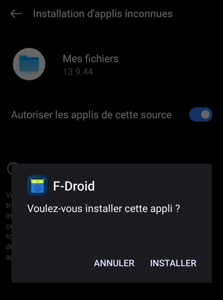 capture d'écran sur laquelle est écrit "F-Droid application installée", avec 2 choix "Ok" ou "Ouvrir"