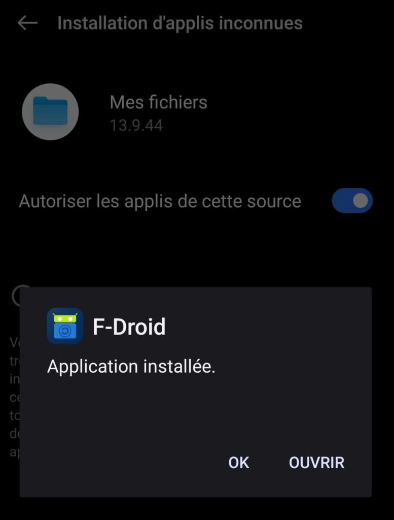capture d'écran sur laquelle est écrit "F-Droid voulez-vous installer cette appli ?", avec 2 choix "annuler" ou "installer"