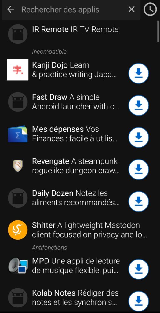Capture d'écran de la page de recherche de l'application F-Droid. On y voit une liste d'application disponibles.