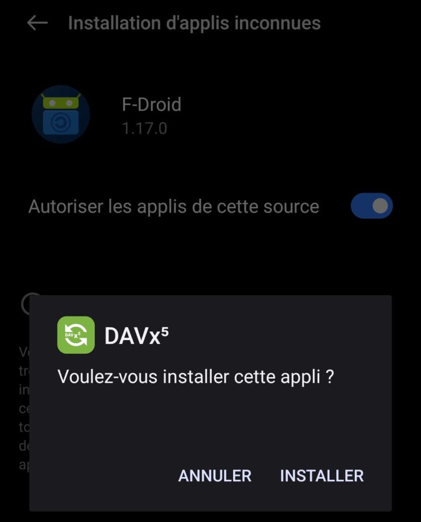 capture d'écran sur laquelle on peut voir écrit "DAVx5 Voulez-vous installer cette appli ?", et en dessous 2 choix "Annuler" et "Installer".