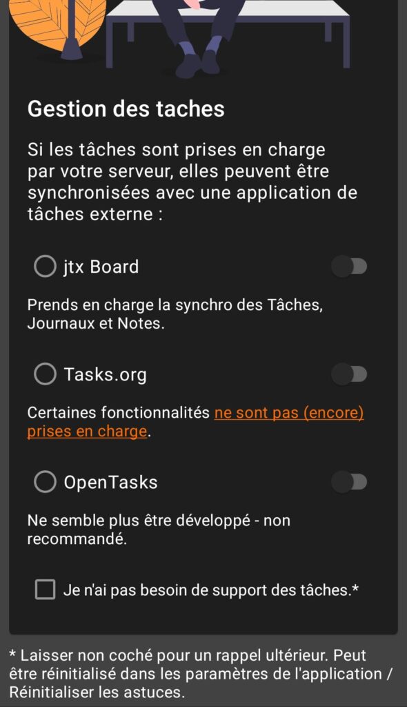Capture d'écran de la page "Gestion des tâches" de l'application DAVx5.
Elle indique que les tâches peuvent être synchroniser avec une application de tâches externes, et il y a plusieurs choix en-dessous.