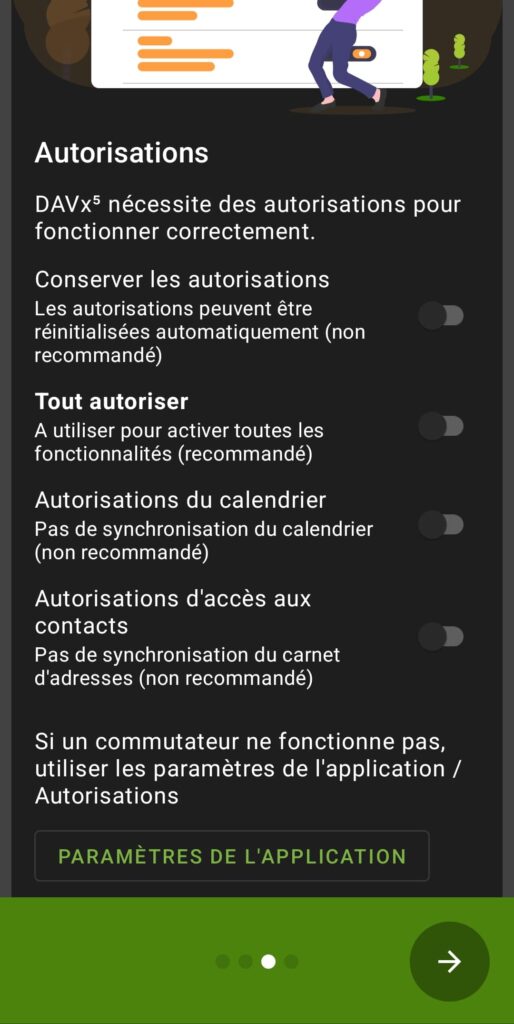Capture d'écran de la page des autorisations de l'application DAVx5.
On peut cocher "Conserver les autorisations", "Tout autoriser", " Autorisation du calendrier", "Autorisations d'accès aux contacts".