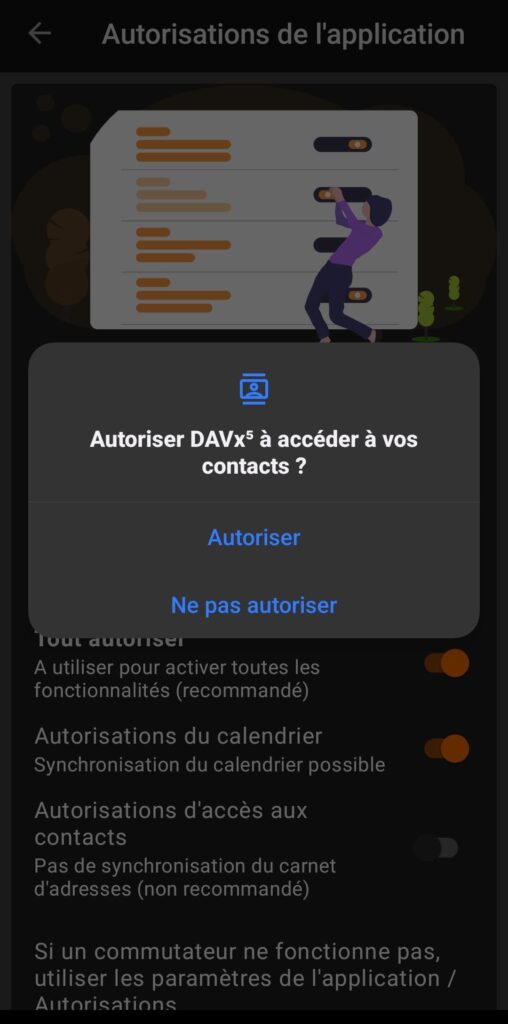 Capture d'écran de la page des autorisations de l'application DAVx5, sur laquelle apparaît une pop-up, où il est écrit "Autoriser DAVx5 à accéder à vos contacts", et en-dessous 2 choix "Autoriser" ou "Ne pas autoriser".