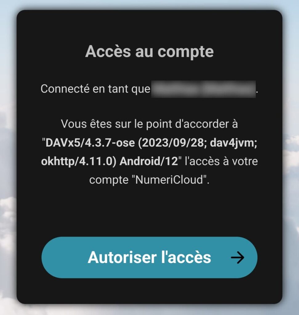 Capture d'écran de la demande d'autorisation d'accès au compte.