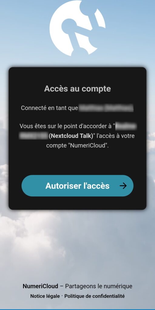 Capture d'écran de la demande d'autorisation d'accès au compte.