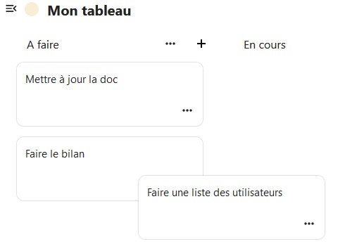 Capture d'écran de la partie "A faire" du tableau. On voit sous le titre une carte intitulée "Mettre à jour la doc", dessous une autre intitulée "Faire le bilan", et en-dessous une dernière "Faire une liste des utilisateurs".
On voit que la troisième carte est en train d'être déplacée.