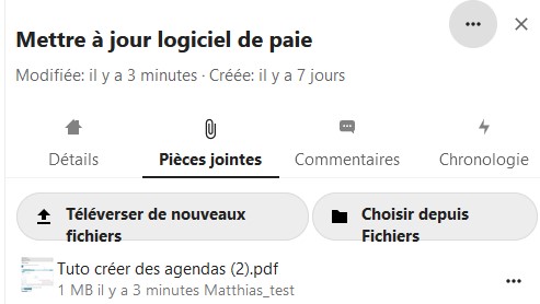 Capture d'écran de la popup qui se nomme "Choisir une pièce jointe". Sous le titre il y a 2 bouton, l'un intitulé "Téléverser de nouveaux fichiers", l'autre "Choisir depuis fichiers". En-dessous le nom d'un fichier pdf qui a été choisit sur l'ordinateur.