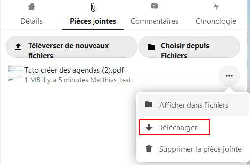 Capture d'écran de la popup qui se nomme "Choisir une pièce jointe". Sous le titre il y a 2 bouton, l'un intitulé "Téléverser de nouveaux fichiers", l'autre "Choisir depuis fichiers". En-dessous le nom d'un fichier pdf qui a été choisit sur l'ordinateurA droite du nom du pdf il y 3 petits points qui sont cliqués, apparaît une fenêtre popup avec plusieurs items. Le deuxième item "Télécharger" est entouré d'un cadre rouge pour le distinguer.