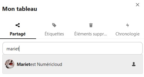 Capture d'écran d'une partie des détails du tableau. C'est l'onglet partagé qui est ouvert.
Sous le nom de l'onglet, il y a un champ, dans lequel le nom d'une utilisatrice commence à être tapé, et en-dessous apparaît son nom d'utilisatrice en entier, pour le sélectionner.