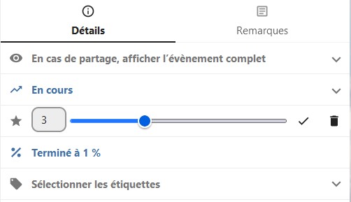 Capture d'écran de l'item "Aucune priorité" qui est activé. On voit un curseur en partie avancé (c'est une ligne bleue qui indique le degré d'avancement), avec le nombre 3 sur sa gauche, les icônes d'une coche et d'une poubelle sur sa gauche.