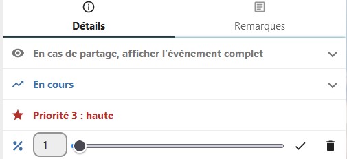 Capture d'écran de l'item "Terminé à 0%" qui est activé.
 On voit un curseur très légèrement avancé (c'est une ligne bleue qui indique le degré d'avancement), avec le nombre 1 sur sa gauche, les icônes d'une coche et d'une poubelle sur sa droite.