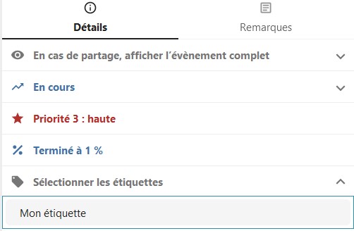 Capture d'écran de l'item "Sélectionner les étiquettes" qui est déployé. On voit l'intitulé "Mon étiquette" juste en-dessous.