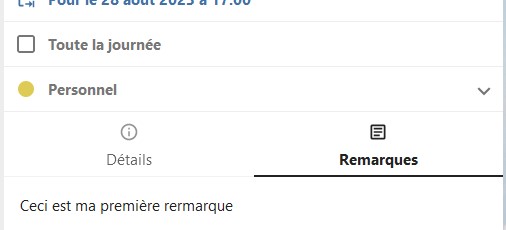 Capture d'écran de la partie "Remarque" de la liste. On voit une phrase dans cette partie, "Ceci est ma première remarque".