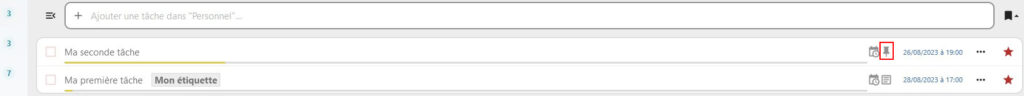 Capture d'écran du haut de la page de la liste des tâches. On voit 2 tâches "Ma seconde täche" et "Ma première tâche". Celle qui est en tête à sur sa droite l'icône d'une punaise encadrée en rouge.