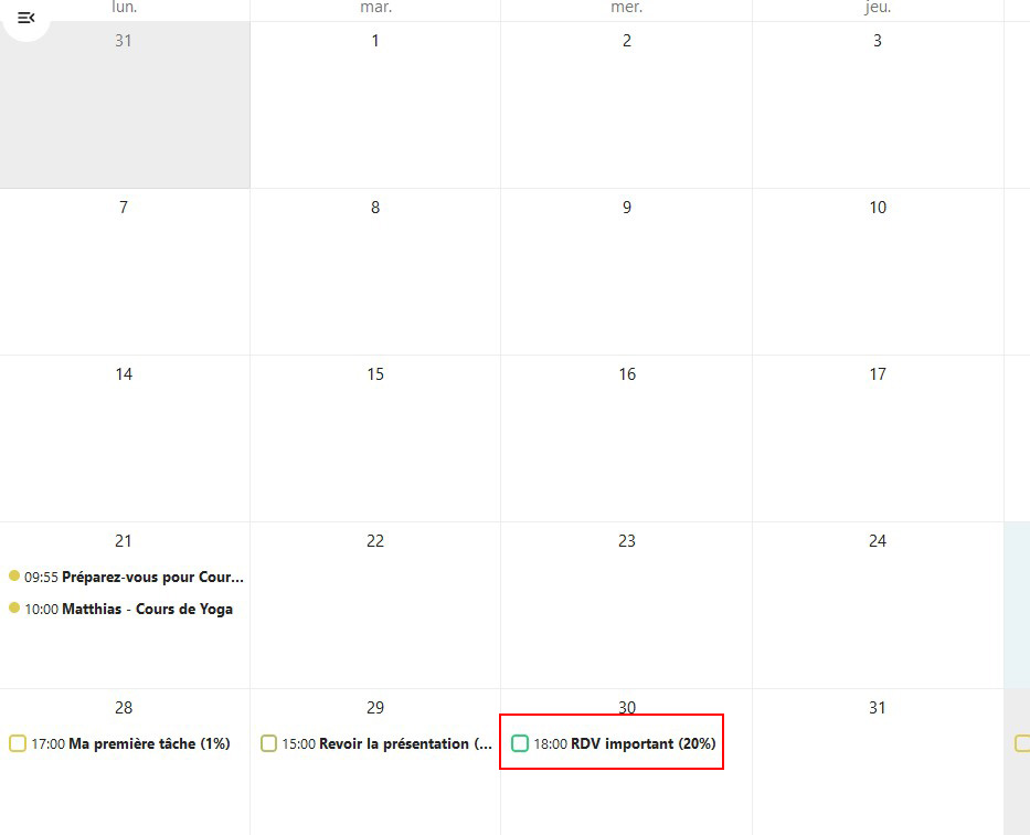 Capture d'écran de la page agenda, ou l'on voit les jours du mois, et pour certains jours des tâches sont inscrites, et elles ont toutes devant leur nom un carré de la couleur de la tâche