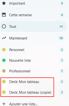 Capture d'écran du volet gauche de la page des tâches.
On voit une liste des nom des différentes tâches les unes en-dessous des autres. Deux des ses noms, les derniers, ont le terme "Deck" sur leur gauche.