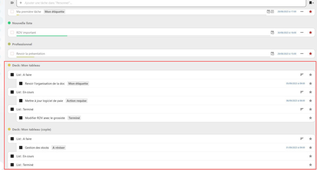 Capture d'écran de la vue centrale de la page des tâches. On voit la liste des tâches, et celles ayant comme indication "Deck" sur leur gauche, sont déployées, et elles ont un cadre rouge qui les entoure.