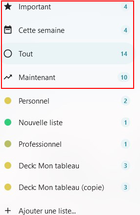 Capture d'écran du volet gauche de la page des tâches. On voit notamment une liste des nom des différentes tâches les unes en-dessous des autres.
Au-dessus de ces listes il y a 4 items "Important", "Cette semaine", "Tout", et "Maintenant". A droite de ces items des chiffres qui indiquent le nombre de tâches faisant partie de chacun d'eux.