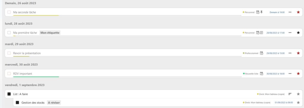 Capture d'écran d'une partie de la page des tâches, où l'on voit des tâches les unes en-dessous des autres. Tout à droite de ces tâches, on voit les dates de fin, et des étoiles rouges ou noires. Au-dessus de chaque tâche il y a la date de fin de tâche.