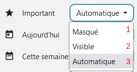 Capture d'écran de la partie "visibilité des rubriques intelligentes" es paramètres. Le champ à côté de "Important est déployé, et les items suivants sont visibles "Masqué", "Visible" et "Automatique". A côté de ses items il y a des chiffres en rouge de 1 à 3, en lien avec le descriptif à la droite de l'image qui explique le rôle de chacun.