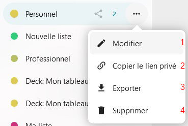 Capture d'écran d'une partie des listes des tâches. La liste "Personnel" est mise en avant. Sur sa droite il y a l'icône de partage, et juste à côté le chiffre 2 encadré en rouge pour le faire ressortir, et encore à côté 3 points les uns à côté des autres. On a cliqué sur les 3 points, une popup c'est déployée, et on voit les items suivants "Modifier", "Copier le lien privé", "Exporter" et "Supprimer". Il y a des chiffres rouges de 1 à 4 à droite des items, en lien avec le descriptif à la droite de l'image qui explique le rôle de chacun. 