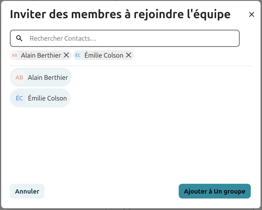 Une fenêtre surgissante pour ajouter des contacts. Le titre est "Inviter des membres à rejoindre l'équipe".
On voit des noms sélectionnés.