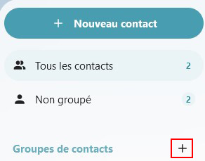 Capture d'écran du haut du volet à gauche de la page des contacts, où l'on voit les noms des contacts, et en bas l'intitulé "Groupe de contacts" avec un + sur sa droite qui est encadré en rouge pour le faire ressortir.