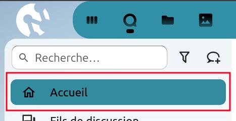 On voit le bouton d'accueil entouré d'un cadre rouge. Le bouton a un fond bleu-vert, il y a l'icône d'une maison à gauche et à droite de l'icône il est écrit "Accueil". La maison et le texte sont noirs.