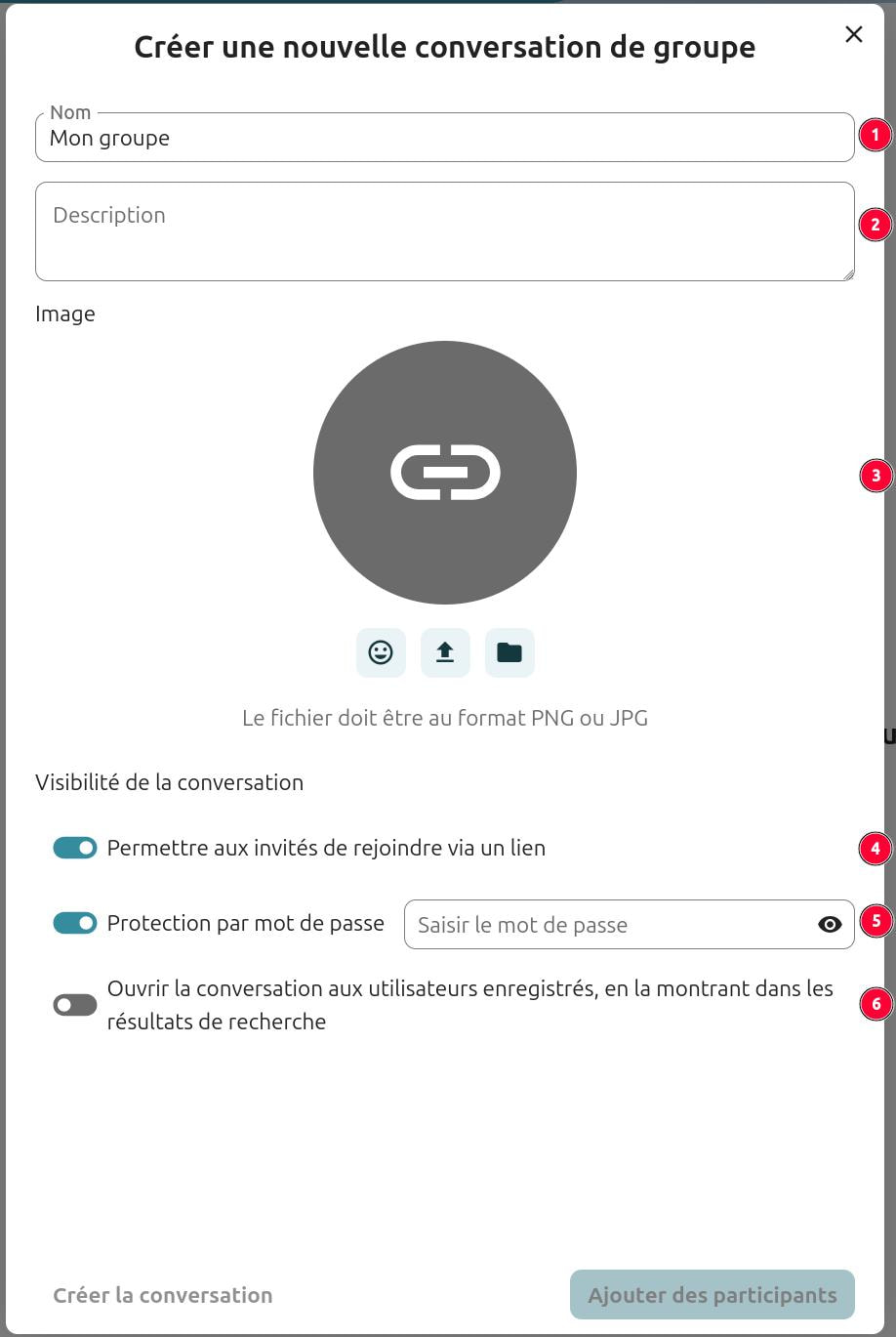 Capture d'écran de la fenêtre pour créer une nouvelle conversation de groupe. Il y a un certain nombre de paramètres avec sur la droite des numéros allant de 1 à 6, correspondant aux explications dans le texte à la droite de l'image.